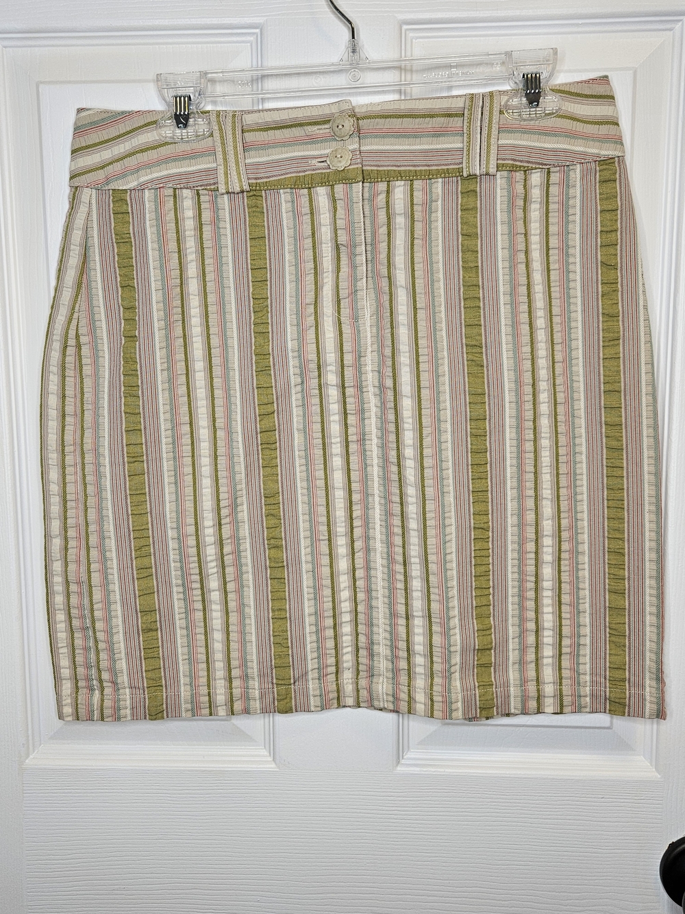 NWOT CAbi Striped Mini Skirt Olive Pink Cream Teal Women's Size 8 Cotton Casual - Picture 1 of 7